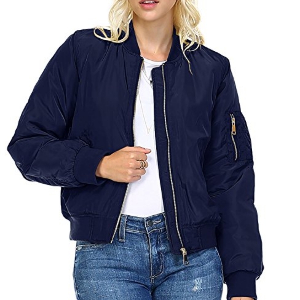 Love Tree Navy Blue Full Zipper Bomber Jacket Size Large